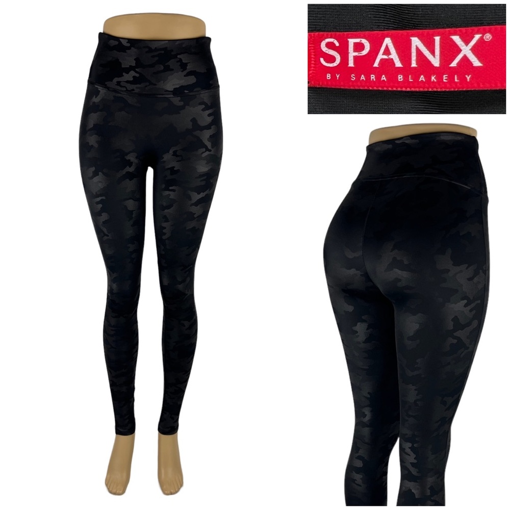 SPANX Womens Small Faux Leather Camo Leggings Matte Black Gym Performance EUC